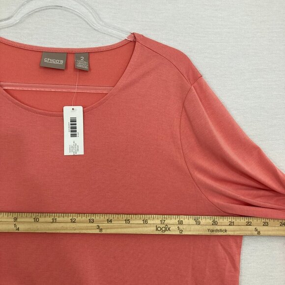 New Chico's Pink Salmon Round Neck Stretch Rolled Tab Pullover Blouse Large/2 - Picture 7 of 10